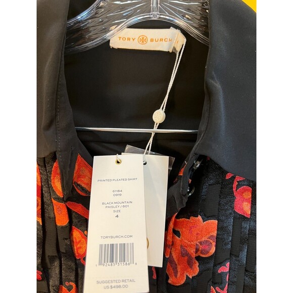 Tory Burch Printed Pleated Shirt Womens 4 Black Red Paisley Button Up $498 NWT - Picture 4 of 8